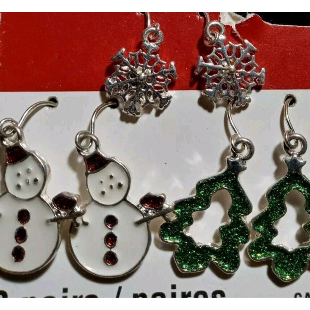 New Christmas Earrings Set of 3 Pairs Christmas Tree, Snowflakes & Snowmen